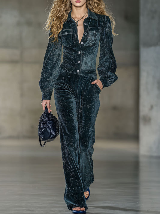 Fashion Retro Shiny Dark Green Velvet Lantern Long-Sleeved Jumpsuit