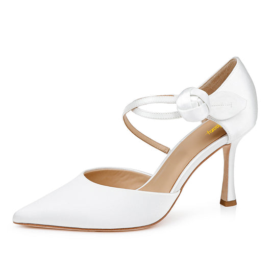 Flower Ankle Strap Pointed Toe Stiletto Heel Pumps for Women in White