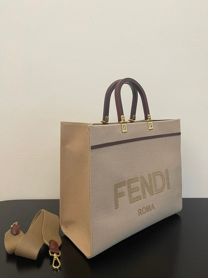 FI Sunshine Medium Tote Bag Beige Canvas For Women, Bags, Shoulder Bags 13.8in/35cm FF 8BH386