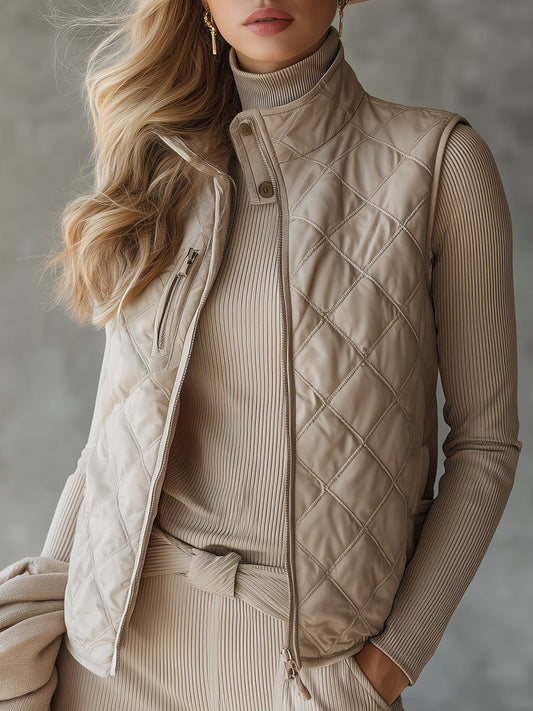 Fashionable Casual Quilted Beige Vest