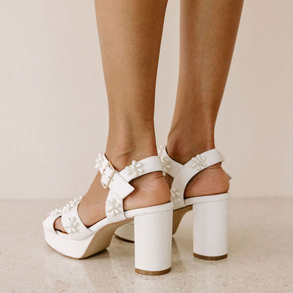 Elegant Ivory Pearl Flower Bridal Shoes Ankle Strap Platform Sandals