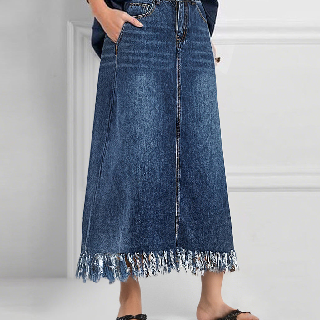 Denim High Rise Buttons Raw Edge Back Slit Midi Skirt