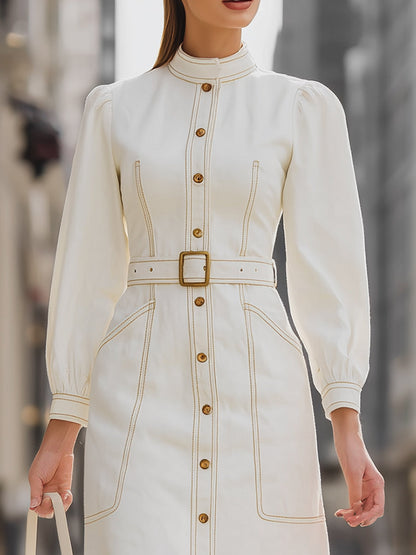 Elegant Belted White Denim Shirt Dress With Gold Button Detailing