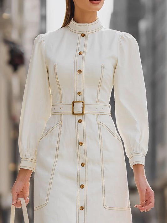 Elegant Belted White Denim Shirt Dress With Gold Button Detailing