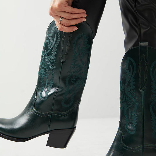 Dark Green Pointy Toe 3’‘ Chunky Heel Mid-Calf Cowgirl Boots