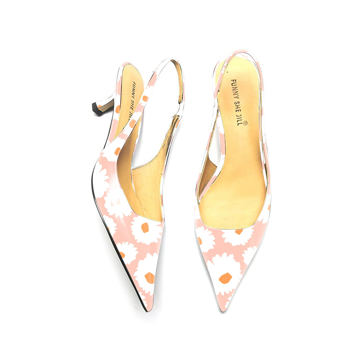 Elegant Pink Daisy Pattern Pointed Toe Kitten Heel Slingback Pumps