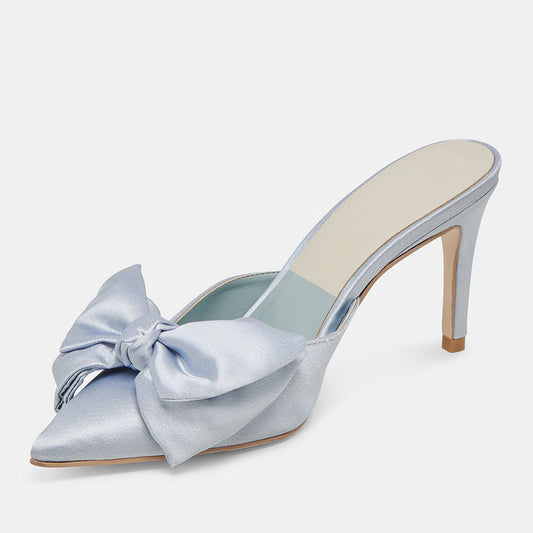 Elegant Satin Pointed Toe Stiletto Heel Bow Mules Shoes in Light Blue