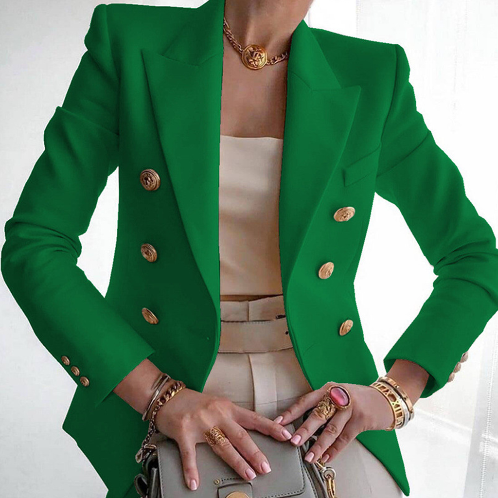 Formal Solid Double Breasted Long Sleeve Peaked Lapel Blazer
