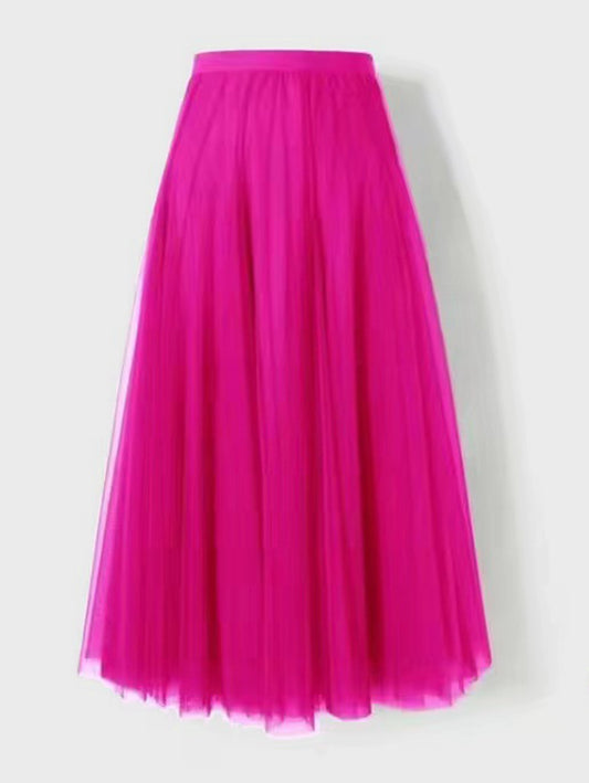 Daily Layered Pleated Stretchy Waist Solid Tulle Midi Skirt