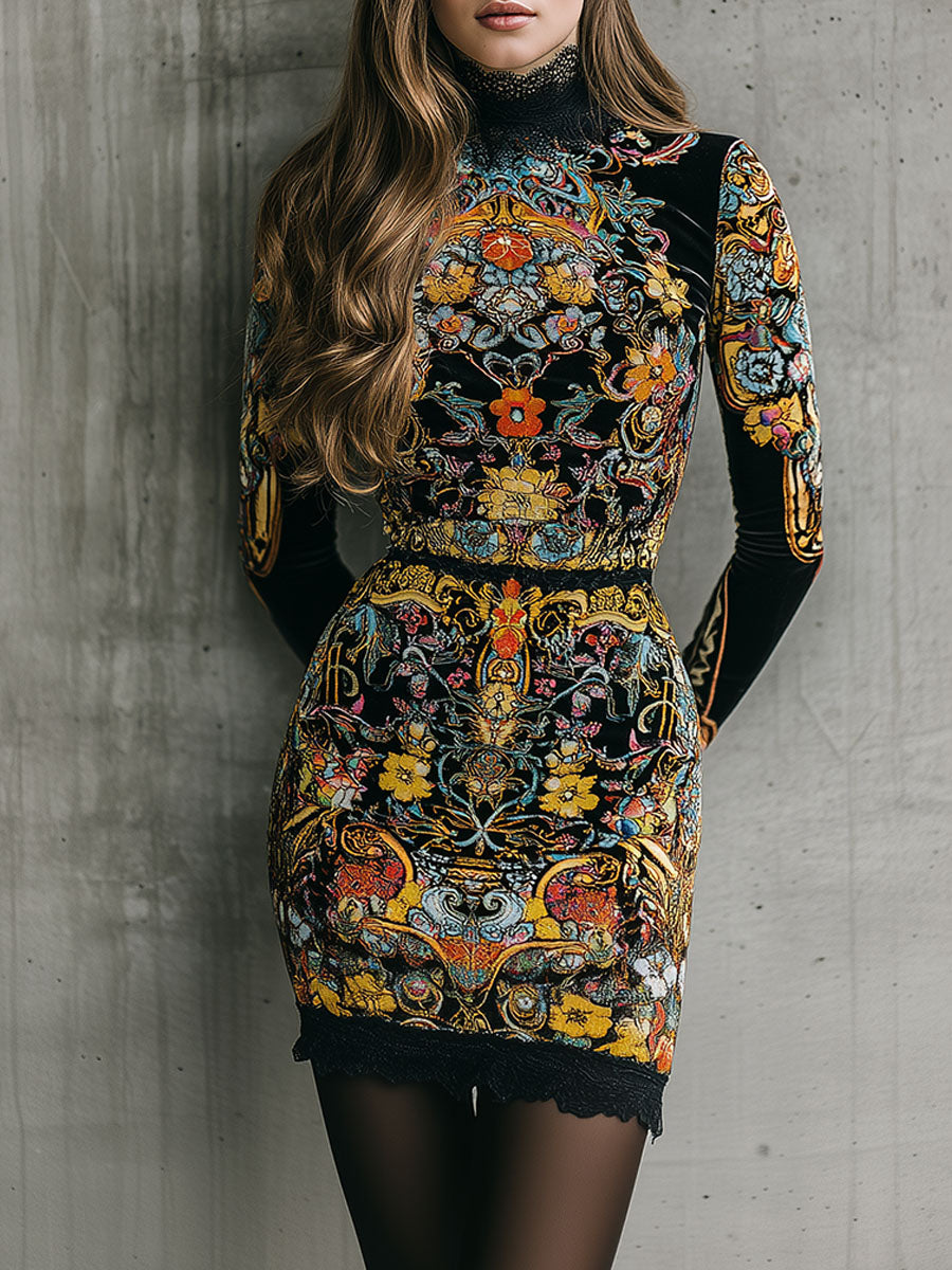 Baroque Multicolor Floral Print Velvet Lace Trim Mini Dress