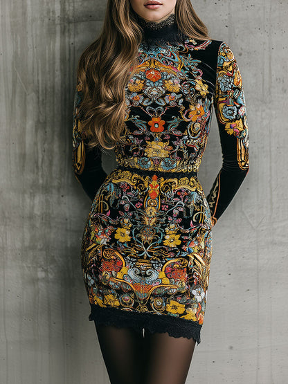 Baroque Multicolor Floral Print Velvet Lace Trim Mini Dress