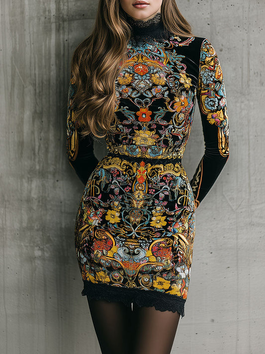 Baroque Multicolor Floral Print Velvet Lace Trim Mini Dress