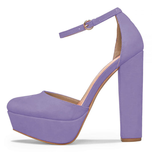 Elegant Purple Platform Pumps Closed Toe Ankle Strap Chunky Heels
