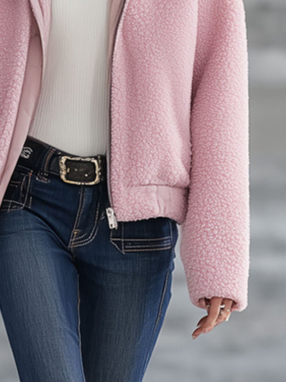 Fashion Retro Pink Polar Fleece Hooded Zip-Up Jacket