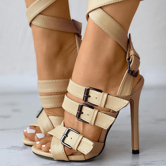 Beige Stiletto Shoes Peep Toe Multi-Strap Buckle High Heels Sandals