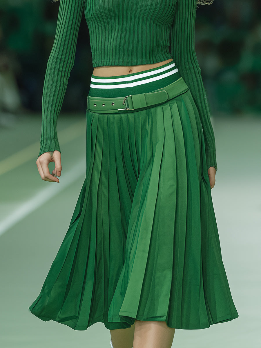 Fashionable And Vibrant Green Turtleneck Knitted Top Pleated Skirt Set