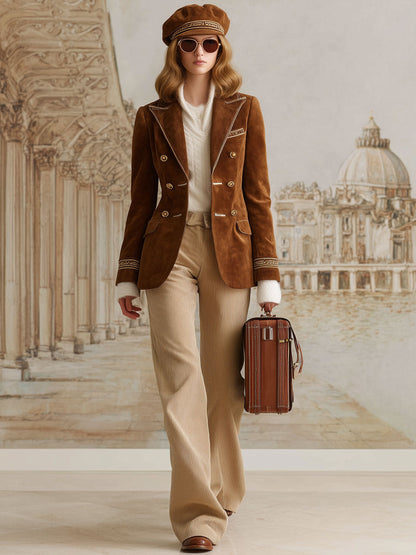 Fashion Vintage Gold Trim Caramel Faux Suede Blazer