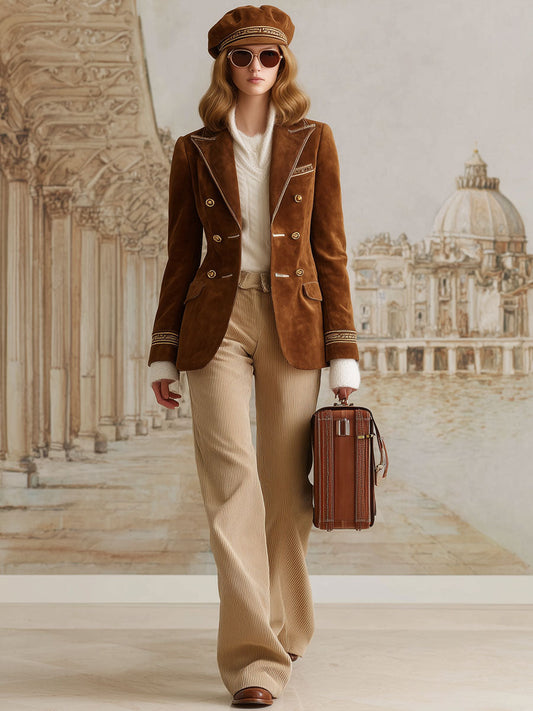 Fashion Vintage Gold Trim Caramel Faux Suede Blazer