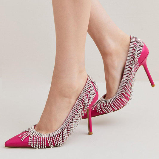 Elegant Fuchsia Pointed Toe Rhinestone Fringe Stiletto Court Shoes