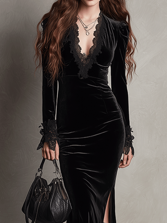 Elegant Velvet Evening Slit Lace Detail Maxi Dress