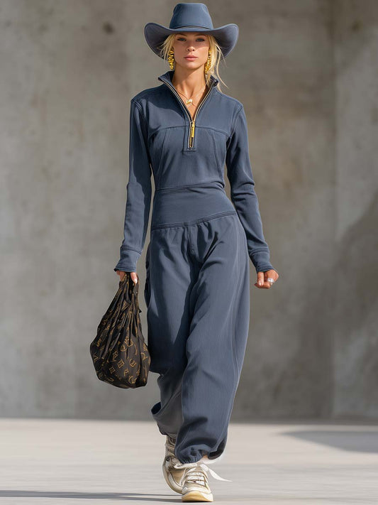 Exquisite Casual Sports Lapel Front Zipper Long Sleeve Retro Gray-blue Cotton Jumpsuit
