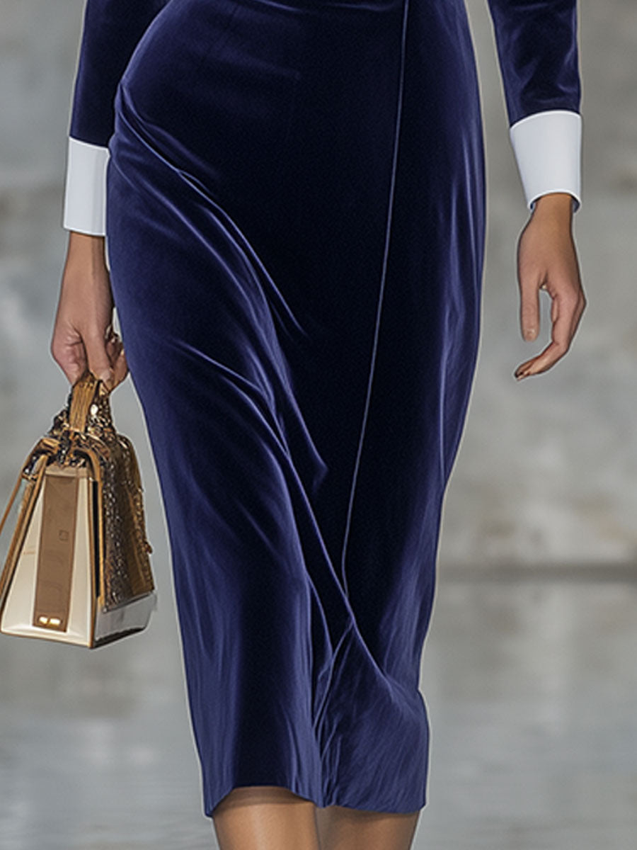 Elegant Retro Exquisite Contrast Lapel Double-Breasted Blue Velvet Midi Dress
