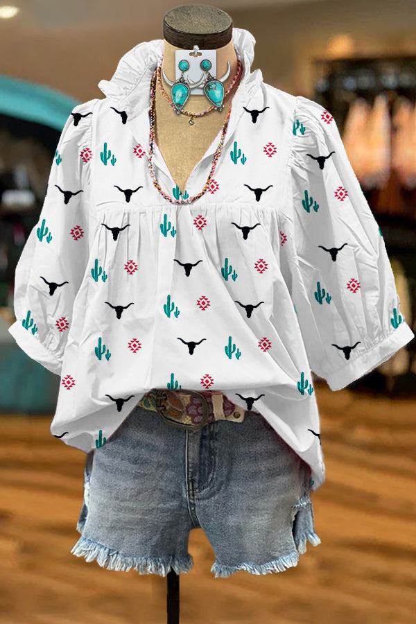 Classic Aztec Longhorn Print Puff Sleeve Blouse