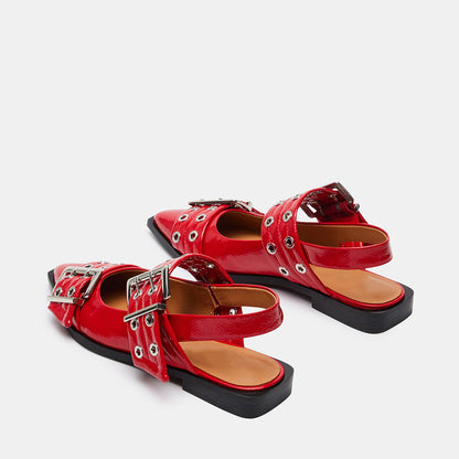 FSJ Red Pointed Toe Stylish Slingback Flats with Grommets Strap