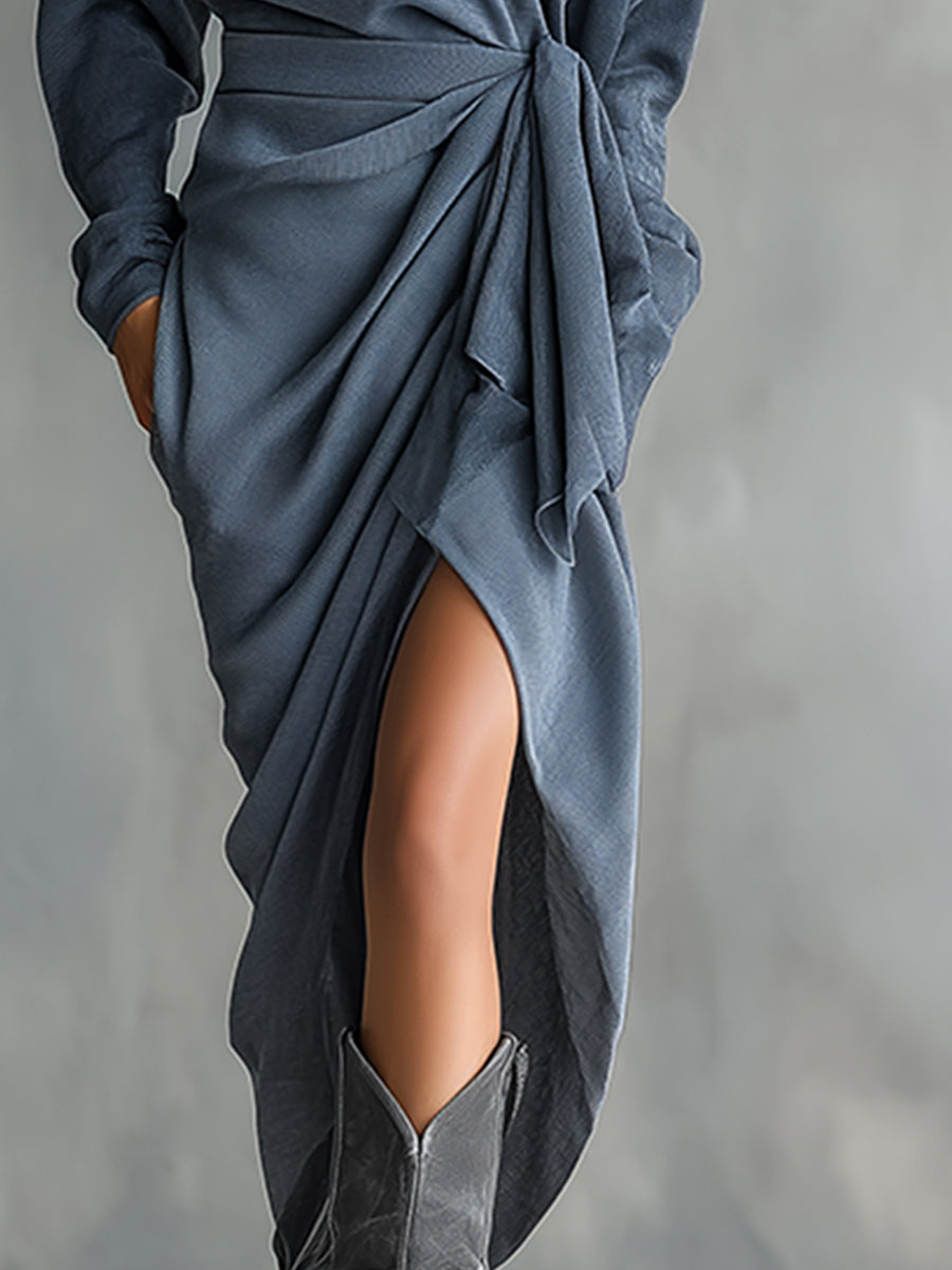 Elegant And Casual Cowl Collar Blue-gray Off-the-shoulder Long-sleeved Maxi Dress