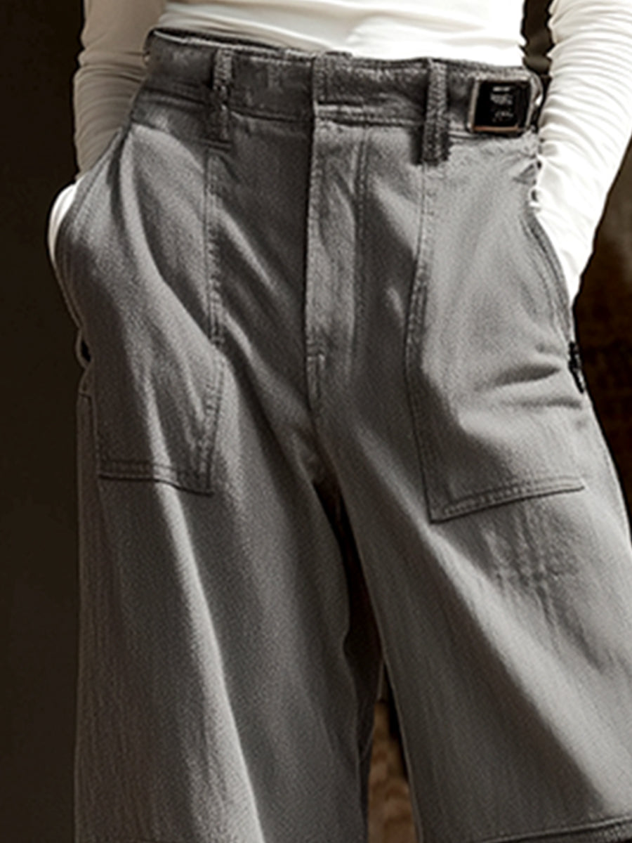 Fashionable Street Gray Denim And Mesh Straight Jeans
