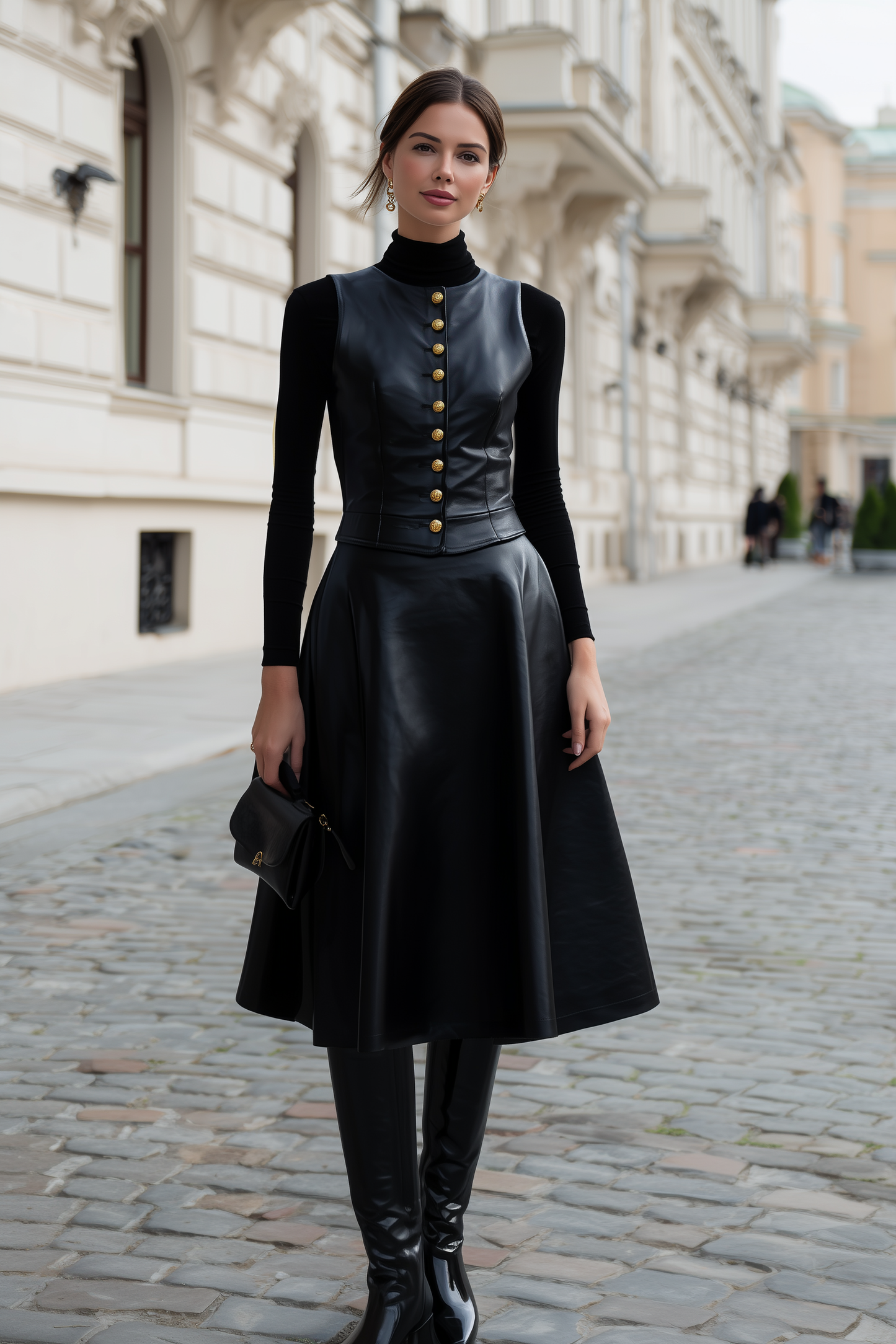 Faux Leather Three-Piece Set With Gold Button Detailing