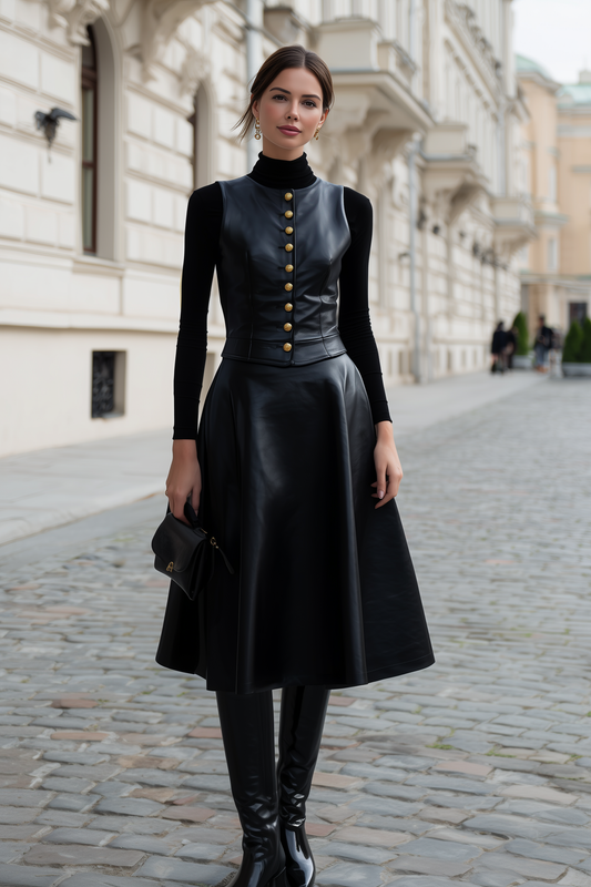 Faux Leather Three-Piece Set With Gold Button Detailing