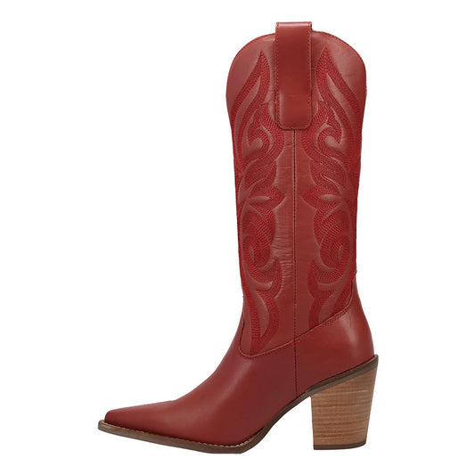 Embroidered Block Heel Mid-Calf Snip Toe Red Cowgirl Boots
