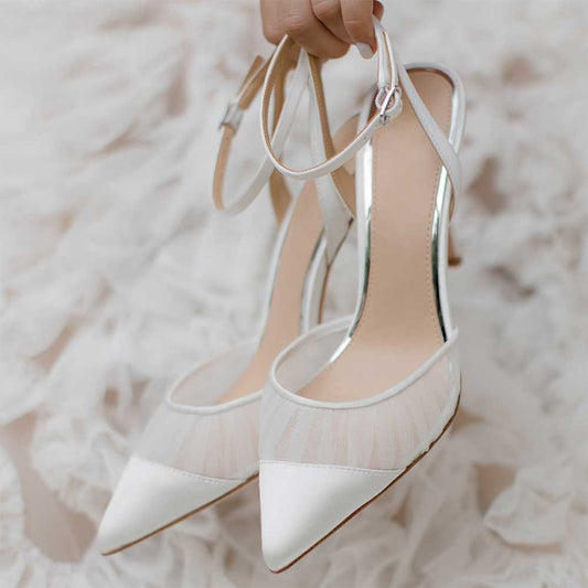 Elegant White Mesh & Satin Pointed Toe Pumps Shoes with Ankle Strap
