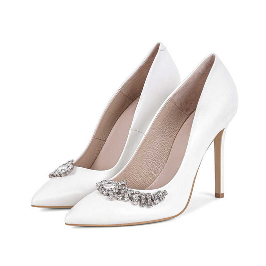 Elegant White Pointed Toe Rhinestone Stiletto Heel Wedding Pumps Shoes