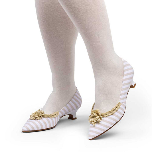 Beige & White Floral Pleated Trim Pumps for Women with Pointed Toe