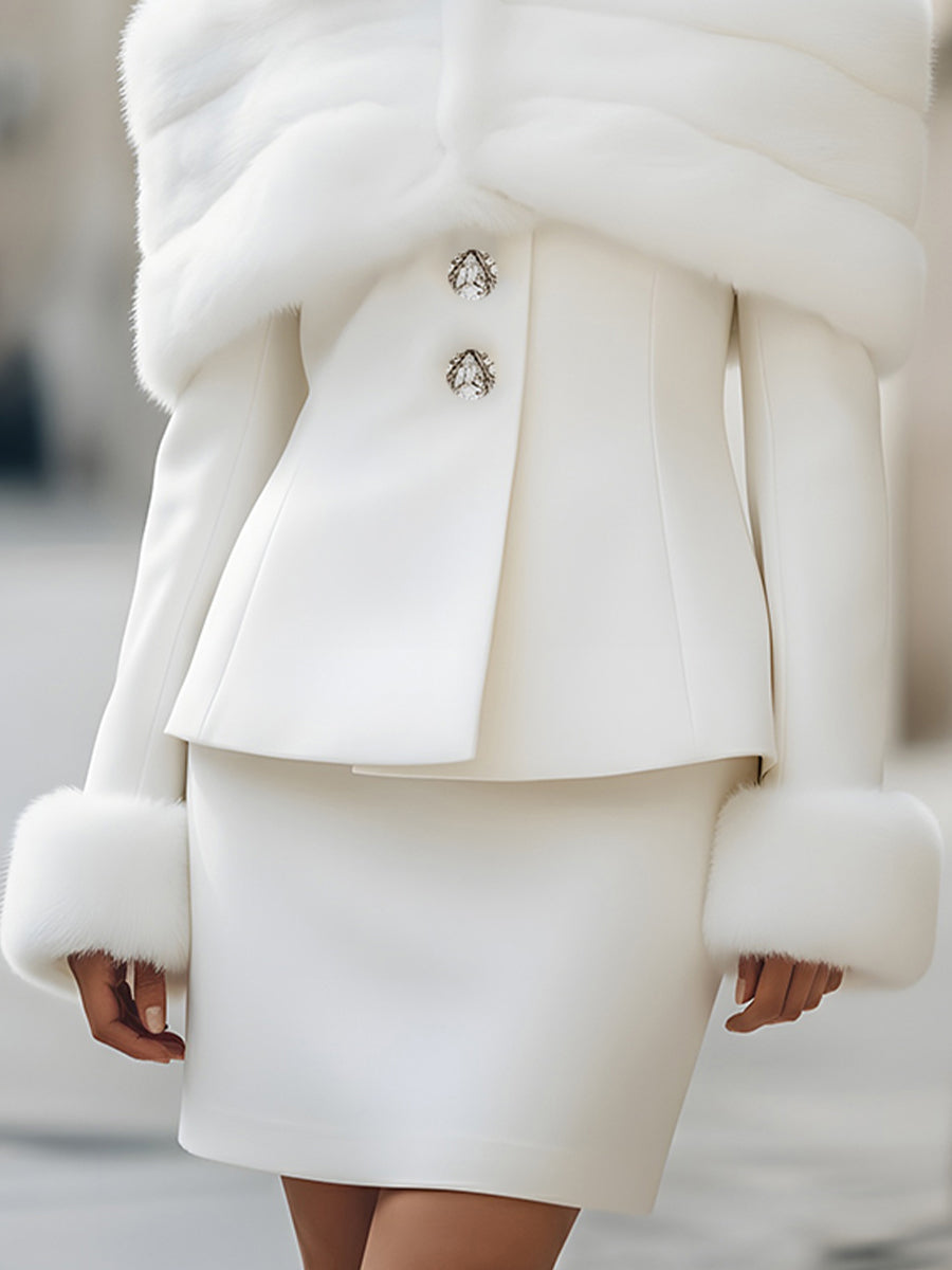 Elegant Off-Shoulder Skirt Suit With Detachable Faux Fur Trim