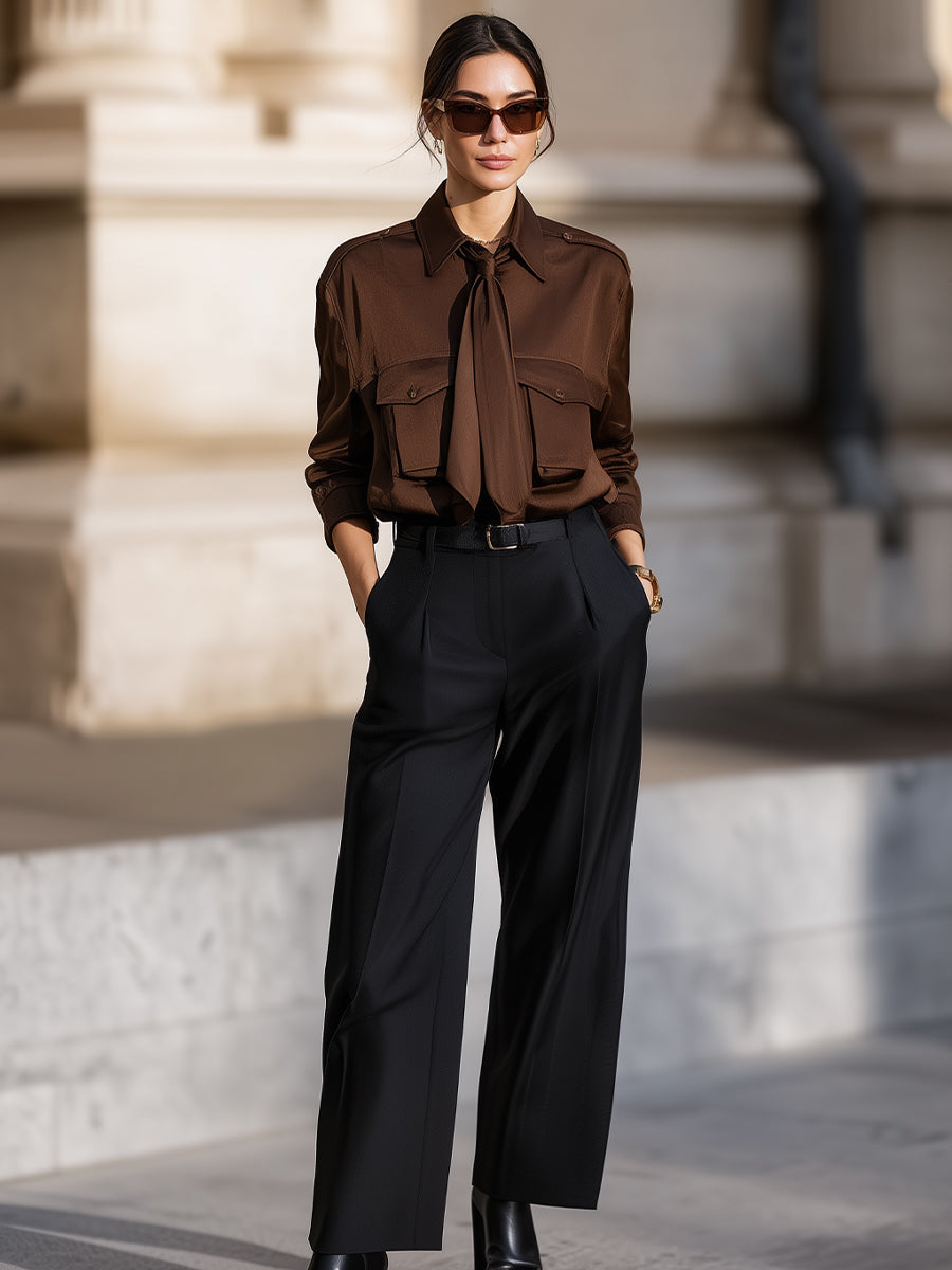 Elegant Brown Tie-Neck Blouse And Black Wide-Leg Trouser Set
