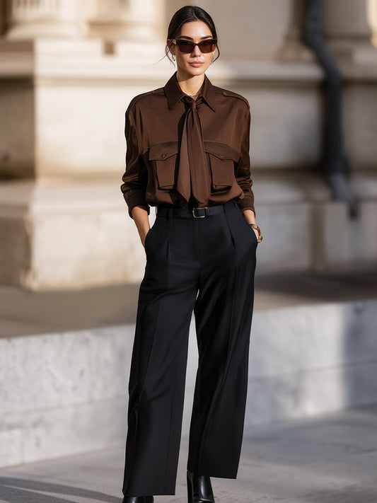 Elegant Brown Tie-Neck Blouse And Black Wide-Leg Trouser Set