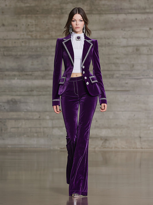 Elegant Purple Velvet Suit And Flared Pants Set