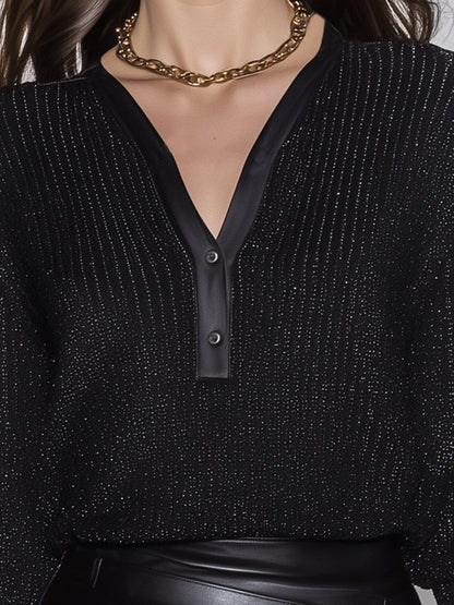 Glossy Black V-neck Button Sweater