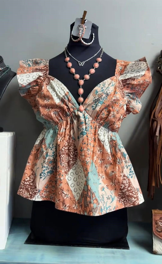 Floral Print V-Neck Puff Sleeve Top