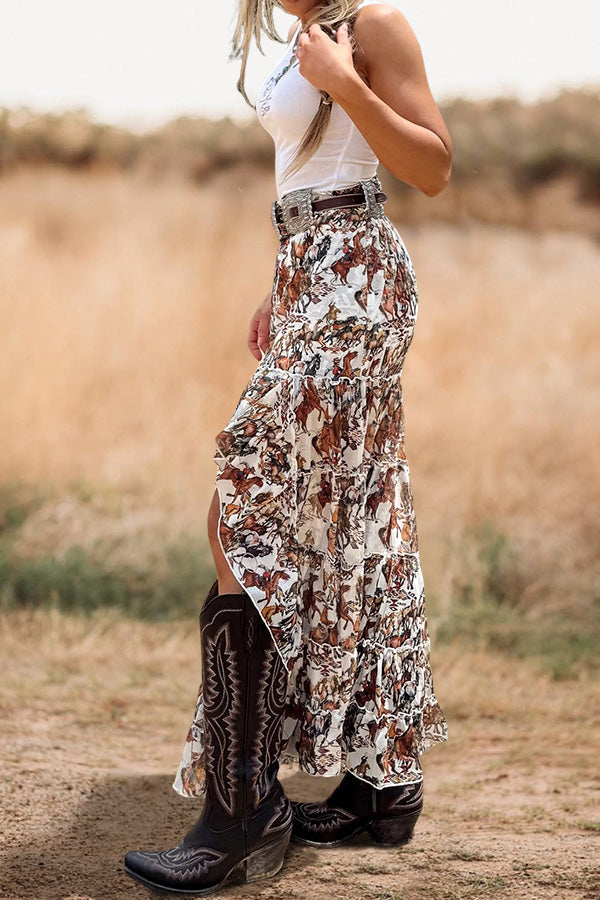 Western Cowboy Aztec Ruffled Slit Maxi Skirt