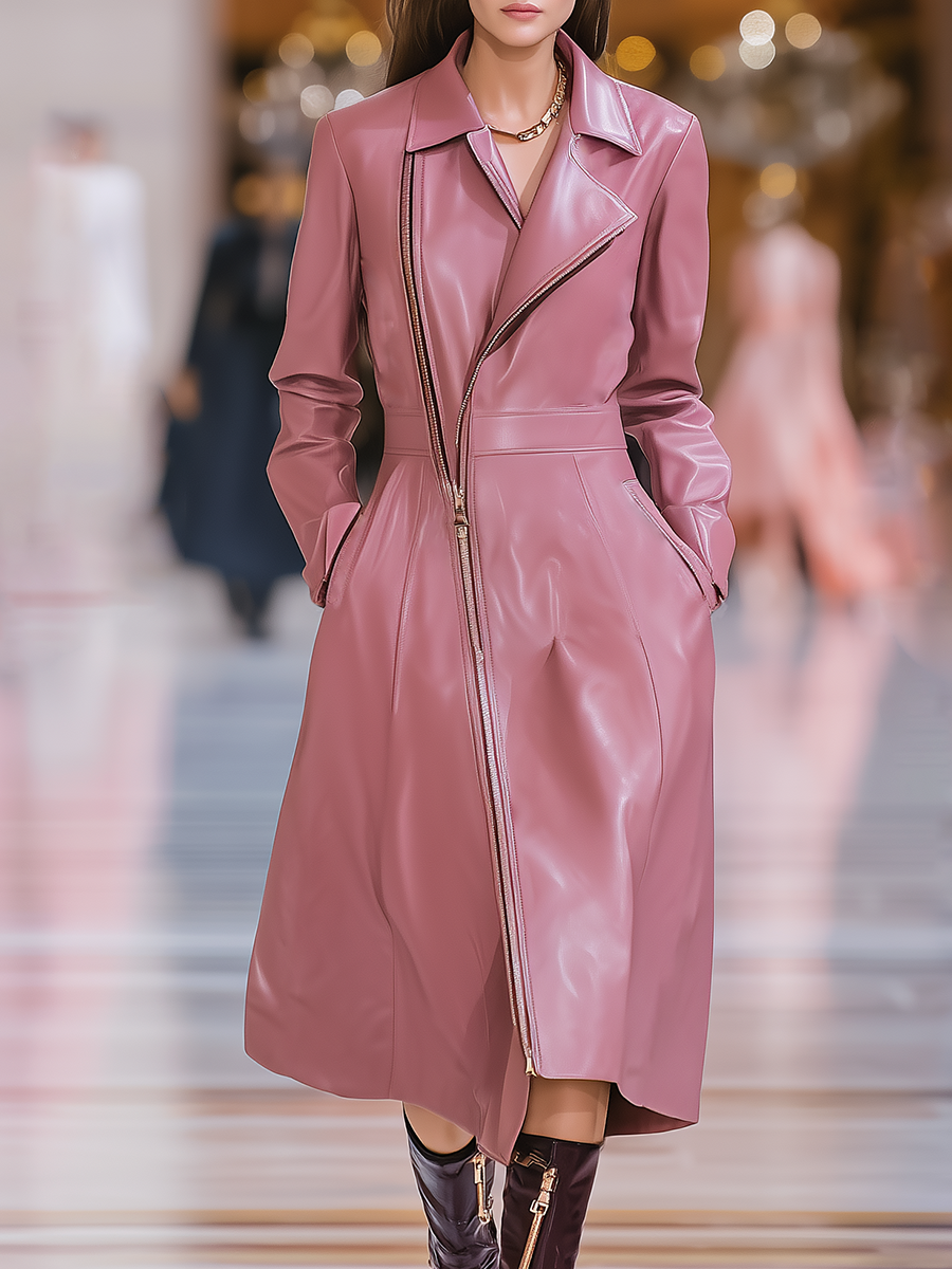 Fashion Retro Lapel Mid-length Faux Leather Coat