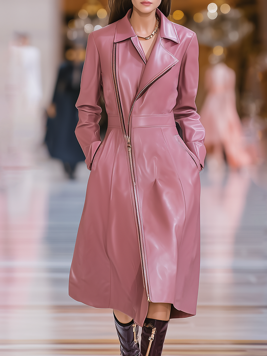 Fashion Retro Lapel Mid-length Faux Leather Coat