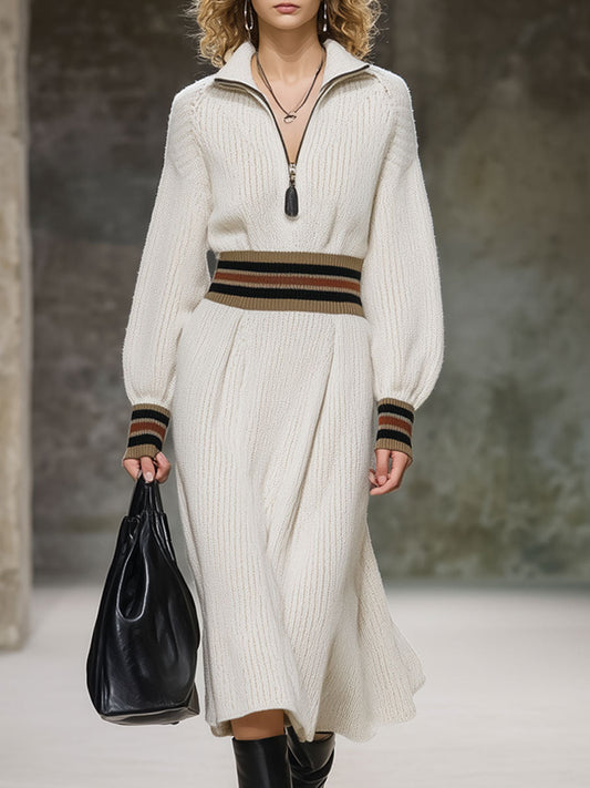Fashion Loose Retro Striped White Knitted Midi Dress