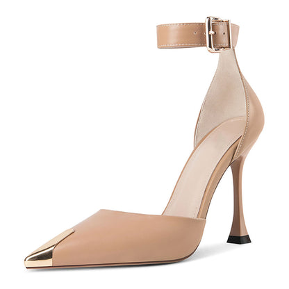 Beige Closed Toe 3'' Flared Heel Buckled Pumps