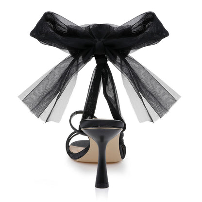 Elegant Satin Open Round Toe Chiffon Ankle-Tie Black Heels Sandals