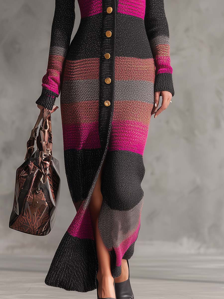 Exquisite Retro V-neck Front Metal Buckle Pink And Black Contrast Cardigan Knitted Maxi Dress