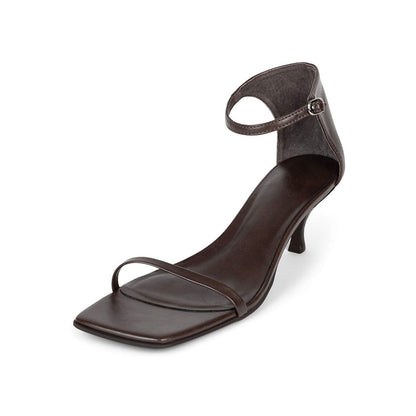 Dark Brown Open Square Toe Ankle Strap Kitten Heel Dress Sandals